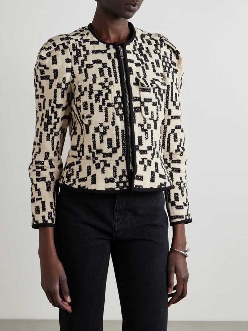 Marant Etoile Cropped Jacquard Jacket FR 38 M Deliona Ecru Black Geo Zip Peplum